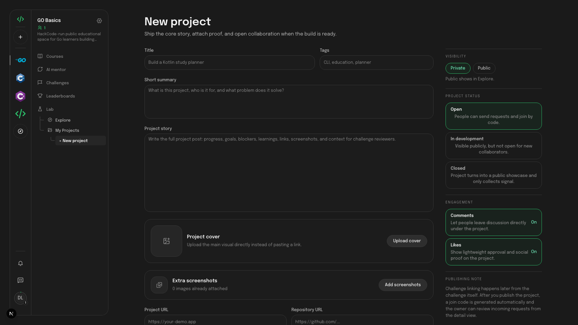 HackCode learner project creation screen