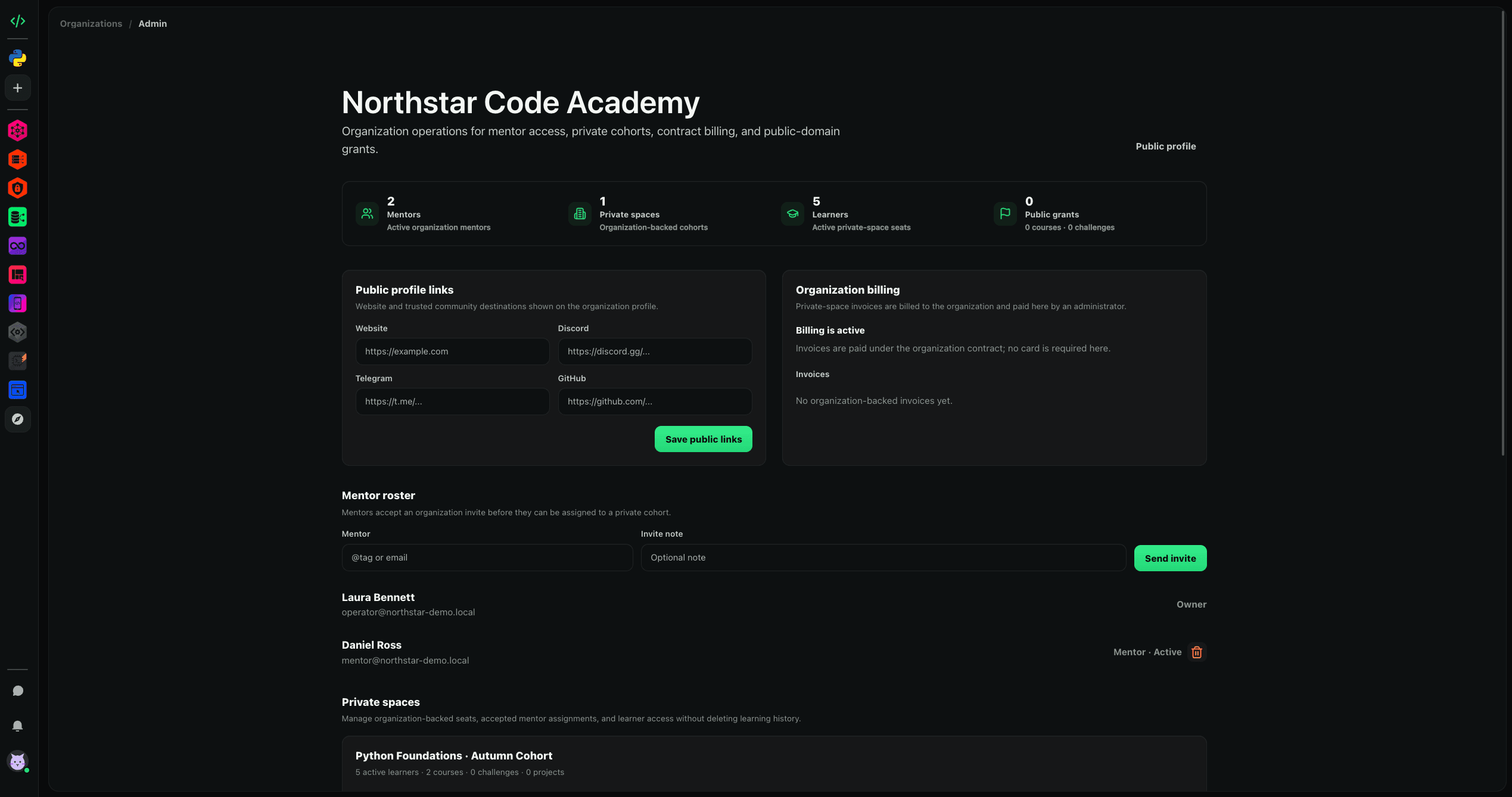 HackCode organization operations dashboard for mentors, private cohorts, billing, and public grants